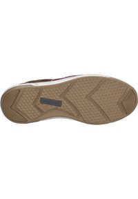 Brown sneaker sole with a textured rubber surface, featuring a white midsole and a brand logo embedded near the heel.