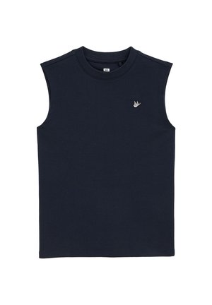 Chemise sans manches en coton bleu marine avec un col rond et un petit logo brodé sur la poitrine. Texture lisse, coupe classique.