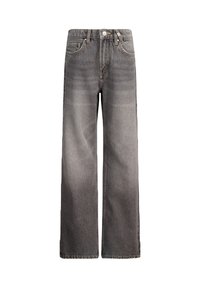 Jeans anchos de denim gris con cintura alta, que cuentan con un cierre de botón, bolsillos frontales y un patrón desgastado para una apariencia texturizada.