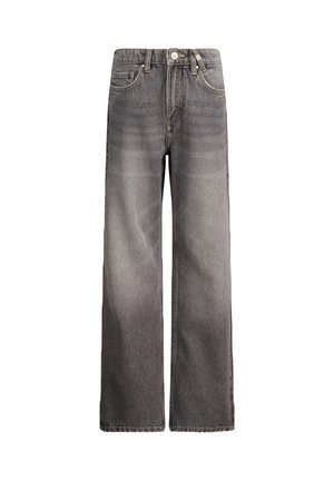 Jean large en denim gris avec taille haute, doté d'une fermeture à bouton, de poches avant et d'un motif délavé pour un aspect texturé.