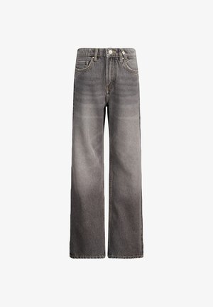 Jean large en denim gris avec taille haute, doté d'une fermeture à bouton, de poches avant et d'un motif délavé pour un aspect texturé.