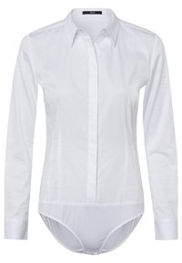 Camicia bianca a maniche lunghe con chiusura frontale a bottoni, colletto e parte inferiore a bodysuit. Realizzata in tessuto liscia con design classico e chiusura a pressione alla base.