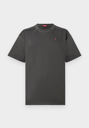 Dark grey short-sleeve Diesel t-shirt with contrasting stitching and small red logo on chest and inside collar.