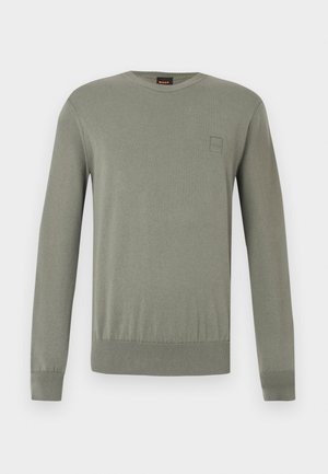 Pull ras du cou vert olive clair en tissu lisse et extensible. Comprend un patch logo rectangulaire et des poignets et un ourlet côtelés.