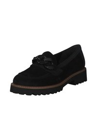 Schwarze Wildleder-Slipper mit einem strukturierten Schleifenakzent und einer dicken, robusten Sohle. Mit einem kontrastierenden braunen Rand entlang der Kante.