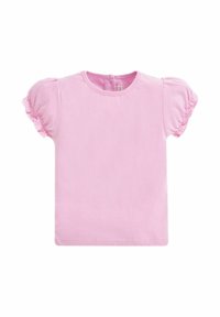 Tricou din bumbac roz deschis, cu mâneci scurte bufante, decolteu rotund și o textură netedă. Prezintă o închidere la spate. Design simplu.