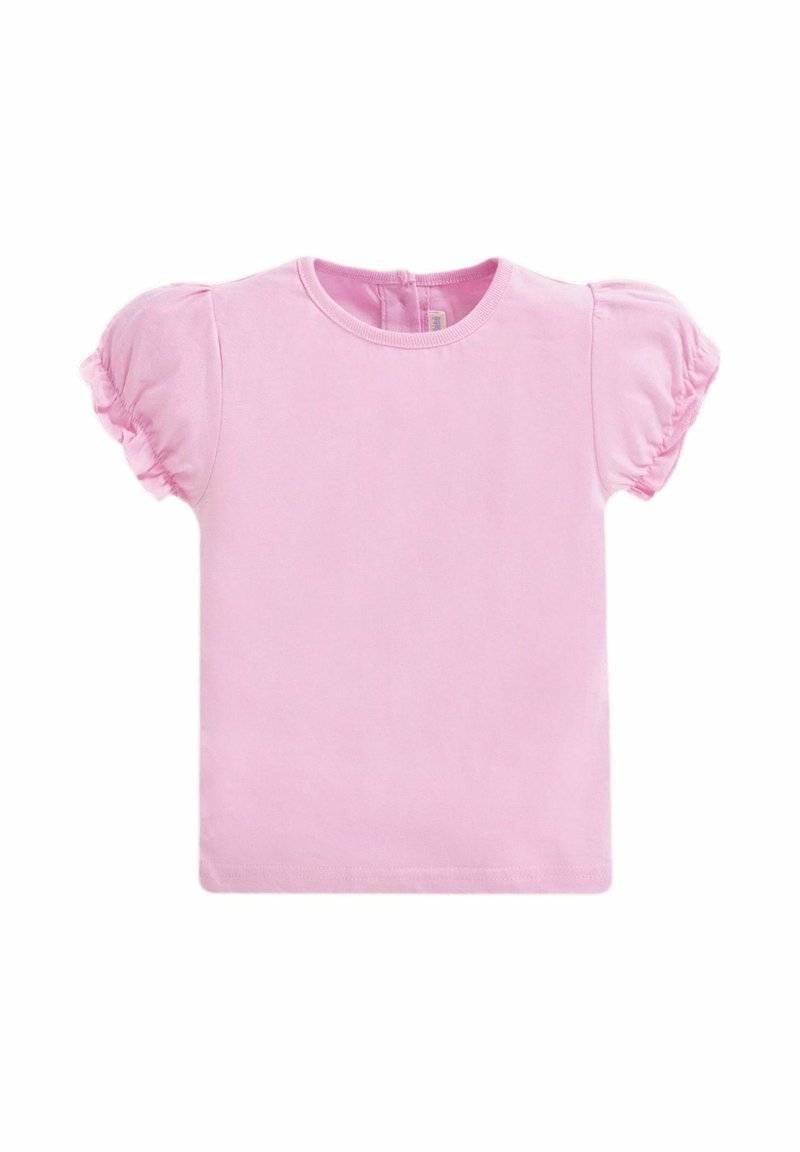 Tricou din bumbac roz deschis, cu mâneci scurte bufante, decolteu rotund și o textură netedă. Prezintă o închidere la spate. Design simplu.