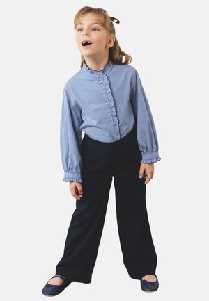 Blauw-wit geruite button-up blouse met pofmouwen, gecombineerd met donkerblauwe brede broek en blauwe ballerina's.