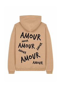 Felpa beige con cappuccio caratterizzata da un grande motivo stampato con la parola "AMOUR" in nero, in diverse orientazioni e dimensioni, con cappuccio regolabile.
