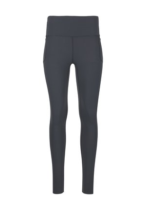 Leggings taille haute gris foncé en tissu extensible, avec poches latérales, design épuré et coutures à plat pour le confort.