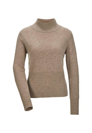 Beige coltrui, gebreide stof, ribbelmanchetten en -zoom, iets ontspannen pasvorm, gladde textuur, minimalistisch ontwerp, lange mouwen.