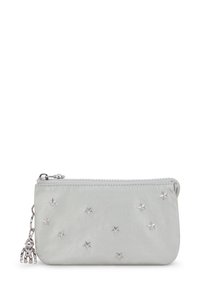 Light grey pouch made of smooth material, featuring silver star embellishments and a small metallic charm attached to the zipper.