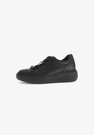 Baskets plateformes en cuir noir avec semelle épaisse, devant à lacets et détail en spirale métallique sur les lacets, vue de profil sur fond blanc.