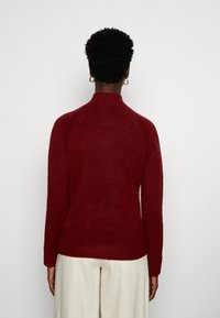 Punainen neule, jossa on korkea kaulus, ribattu helma ja pitkät hihat. Pehmeä kangas, istuva muotoilu raglan-hartioilla. Minimalistinen tyyli.