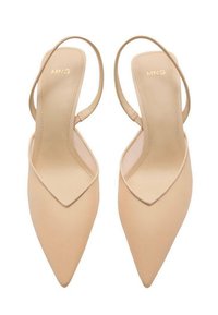 Tacchi slingback a punta nuda con texture liscia, cinturini elastici e silhouette elegante. Logo del marchio visibile sulla soletta interna.