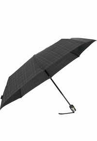 Parapluie compact noir avec un motif à carreaux, cadre en métal noir et poignée courbée. Dispose d'un bouton rouge pour le mécanisme d'ouverture.