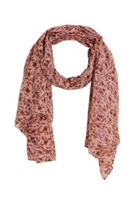 Écharpe à motif floral en tissu léger et doux. Présente une base rose avec des fleurs bourgogne et marron. Légère et se drape facilement.