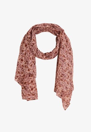 Écharpe à motif floral en tissu léger et doux. Présente une base rose avec des fleurs bourgogne et marron. Légère et se drape facilement.