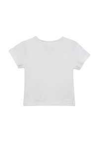 Weißes Baumwoll-T-Shirt mit kurzen Ärmeln, Rundhalsausschnitt und einem schlichten Design. Die Rückseite ist einfach und ohne Grafiken oder Verzierungen.