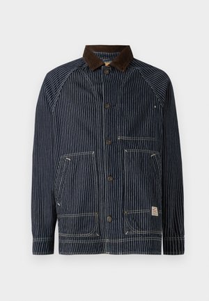 Navy striped work jacket with a brown corduroy collar, featuring two front pockets and button closures, crafted from durable fabric.