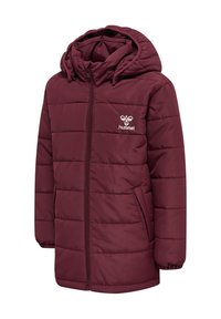 Burgundy padded jacket with a hood, zip closure, and side pockets; features a small white logo on the left chest and textured panels.