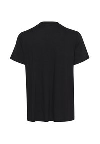 Sort T-shirt med korte ærmer, rund halsudskæring, løs pasform, glat tekstur og ingen synlige logoer eller mønstre på ryggen.