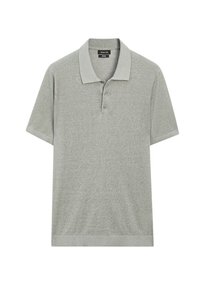Polo shirt grigio chiaro con colletto classico, maniche corte, pattina con tre bottoni e dettagli a coste sui bordi.