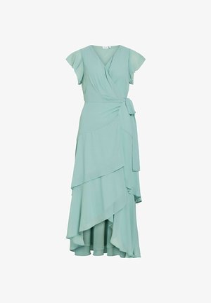 Svijetlozelena haljina na preklop s kratkim lepršavim rukavima, V-izrezom, remenom u struku i višeslojnim asimetričnim rubom.
