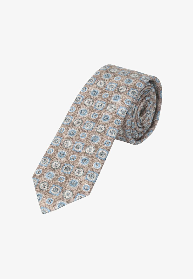 Braun gemusterte Krawatte mit hellblauen und weißen kreisförmigen Motiven. Hergestellt aus strukturierter Stoff, hat sie ein spitzes Ende und eine gerollte Form.