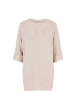 Beige gebreid top met een gestructureerd patroon, ronde halslijn en korte mouwen. Losvallend ontwerp dat comfort en ademend vermogen biedt.