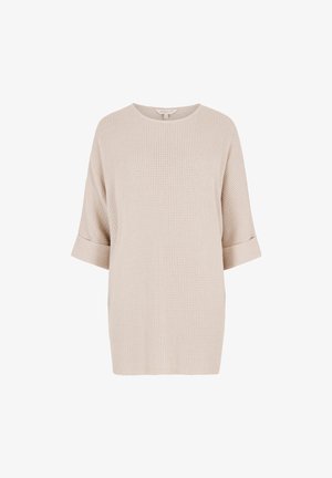 Maglia beige a maglia con motivo testurizzato, scollatura rotonda e maniche corte. Design morbido, che offre comfort e traspirabilità.