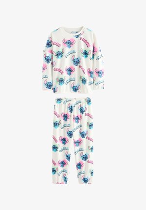 Witte top met lange mouwen en broek met meerkleurig Stitch-figuur en "Ohana" tekstpatroon, elastische boorden en taille voor kinderen.