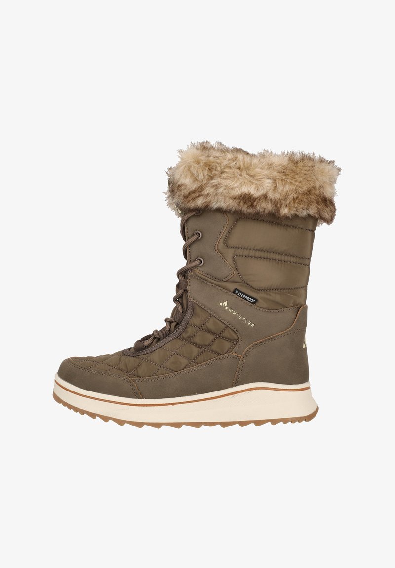 Brun vattentålig vinterkänga med en quiltad textur, fuskpälskant och snörningsdesign med en kontrasterande vit sula.