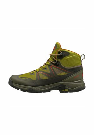 Wysokie buty trekkingowe z oliwkową siateczką i syntetyczną cholewką, pomarańczowymi akcentami, fakturowaną podeszwą oraz wzmocnionym czubkiem.