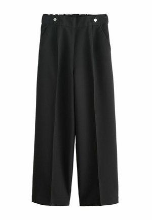 Schwarze Weite-Hose mit hoher Taille, zwei Vordertaschen und dekorativen silbernen Knöpfen am Bund.