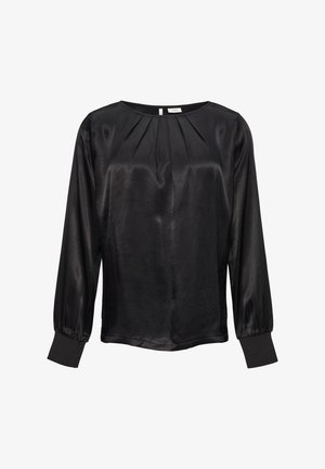 Mustmust värviline pluus pikade varrukatega, ümmarguse kaelusega ja volditud eesmise detailiga. Elastsest kangast mansetid ja siledat, läikivat tekstuuri.