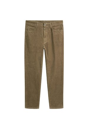 Olijfgroene katoenen corduroy broek. Voorzien van vijf zakken, een knoop- en ritssluiting, een rechte pijp en een subtiele textuur.
