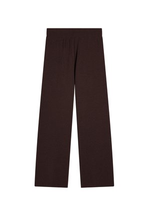 Brązowe spodnie typu wide-leg wykonane z miękkiego materiału z elastycznym paskiem w talii. Posiadają gładką teksturę i brak widocznych wzorów lub akcentów.