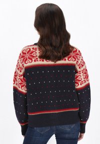 Granatowy sweter robiony na drutach z czerwonym i kremowym wzorem fair isle. Posiada długie rękawy, ściągacze na mankietach i dole, oraz kropkowe akcenty.
