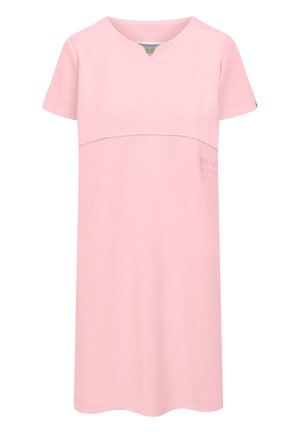 Short pink dress with short sleeves, V-neckline, and subtle seam detail across the chest.