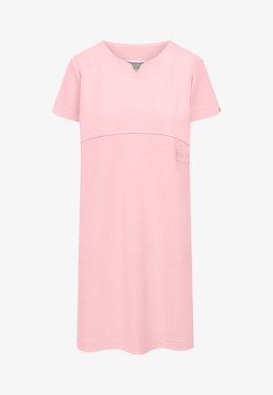 Kort roze jurkje met korte mouwen, V-hals en subtiel naaddetail over de borst.