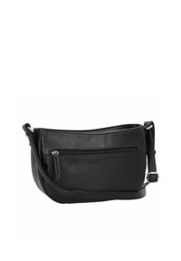 Zwarte leren schoudertas met een enkel ritscompartiment, een voorvak en een verstelbare strap. Heeft een gladde textuur en minimale hardware.