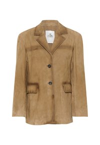 Lichtbruine suède blazer met notch-lapels, twee voorzakken en twee zwarte knopen. Heeft een zachte textuur en een getailleerde pasvorm.