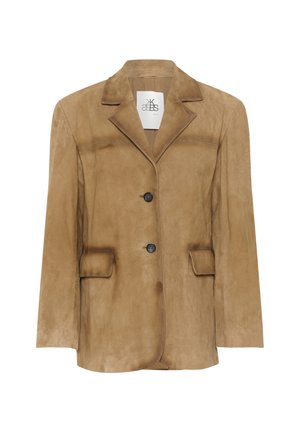 Svetlo rjav sueden blazer z narezanimi reverji, dvema sprednjima žepoma in dvema črnima gumboma. Ima mehak teksturo in krojen obliko.