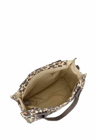 Borsa a tracolla con stampa leopardata, in tessuto beige e con manici marroni. Interno beige con tasca con zip, design spazioso.