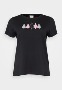 Svart t-shirt med kort ärm i bomull, prydd med ett tryckt mönster av träd i silver, rosa och svarta färger över bröstet.