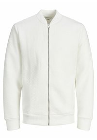 Weißer Reißverschluss-Bomberjacke aus strukturiertem Stoff, mit einem gebündelten Kragen und Bündchen, zentrale Reißverschluss und minimalistisches Design. Keine sichtbaren Taschen.