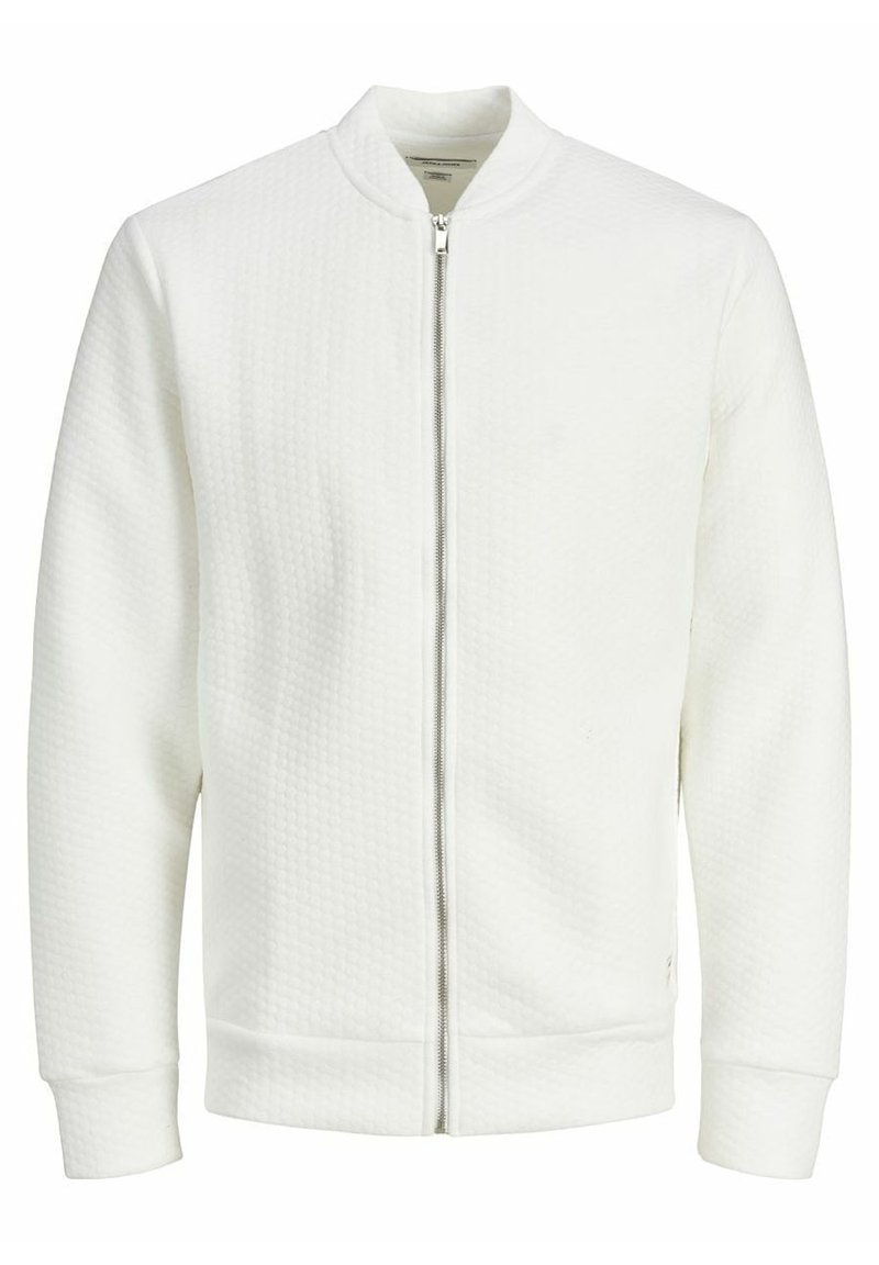 Weißer Reißverschluss-Bomberjacke aus strukturiertem Stoff, mit einem gebündelten Kragen und Bündchen, zentrale Reißverschluss und minimalistisches Design. Keine sichtbaren Taschen.