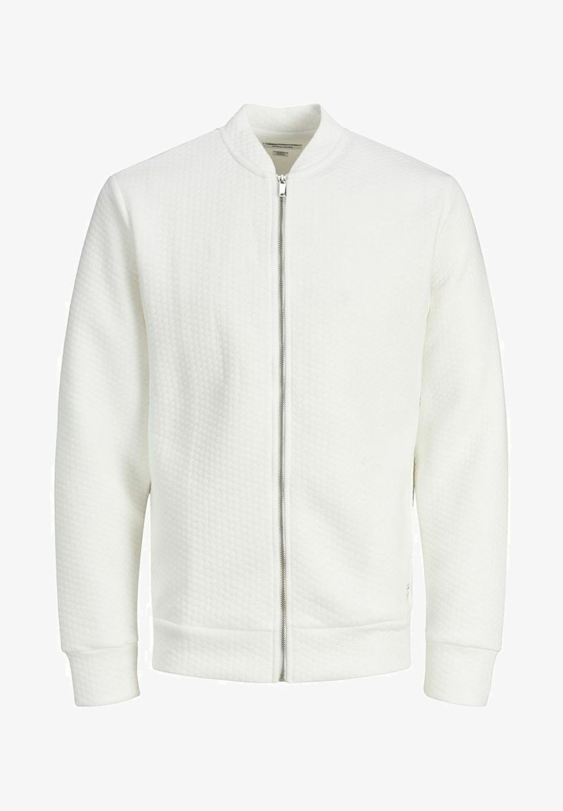 Weißer Reißverschluss-Bomberjacke aus strukturiertem Stoff, mit einem gebündelten Kragen und Bündchen, zentrale Reißverschluss und minimalistisches Design. Keine sichtbaren Taschen.
