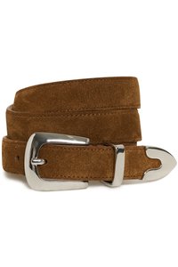 Brown suede belt with a shiny silver metal buckle. The belt has a smooth texture and a pointed tip. Stitching visible along the edges.